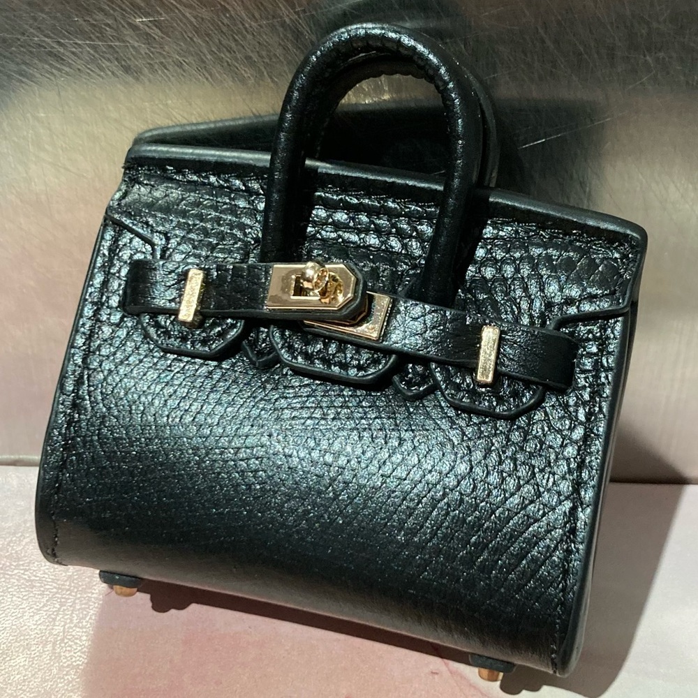 👜 Handmade Genuine Leather Mini Classic Black Birkin Textured Tote Bag Charm